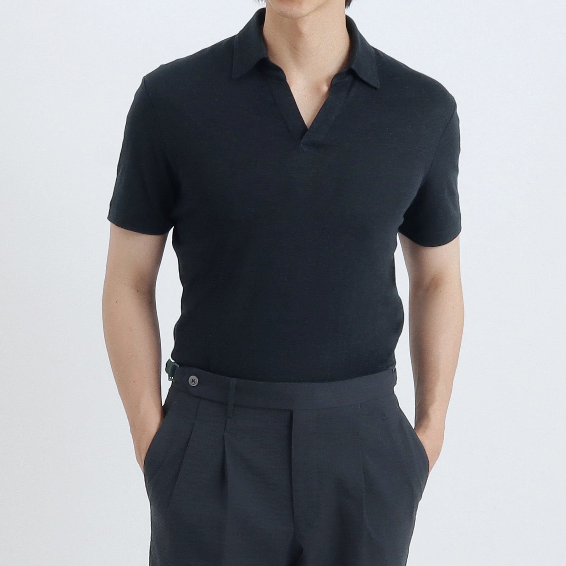 Linen Jersey Tailored Skipper Shirt Color: Navy