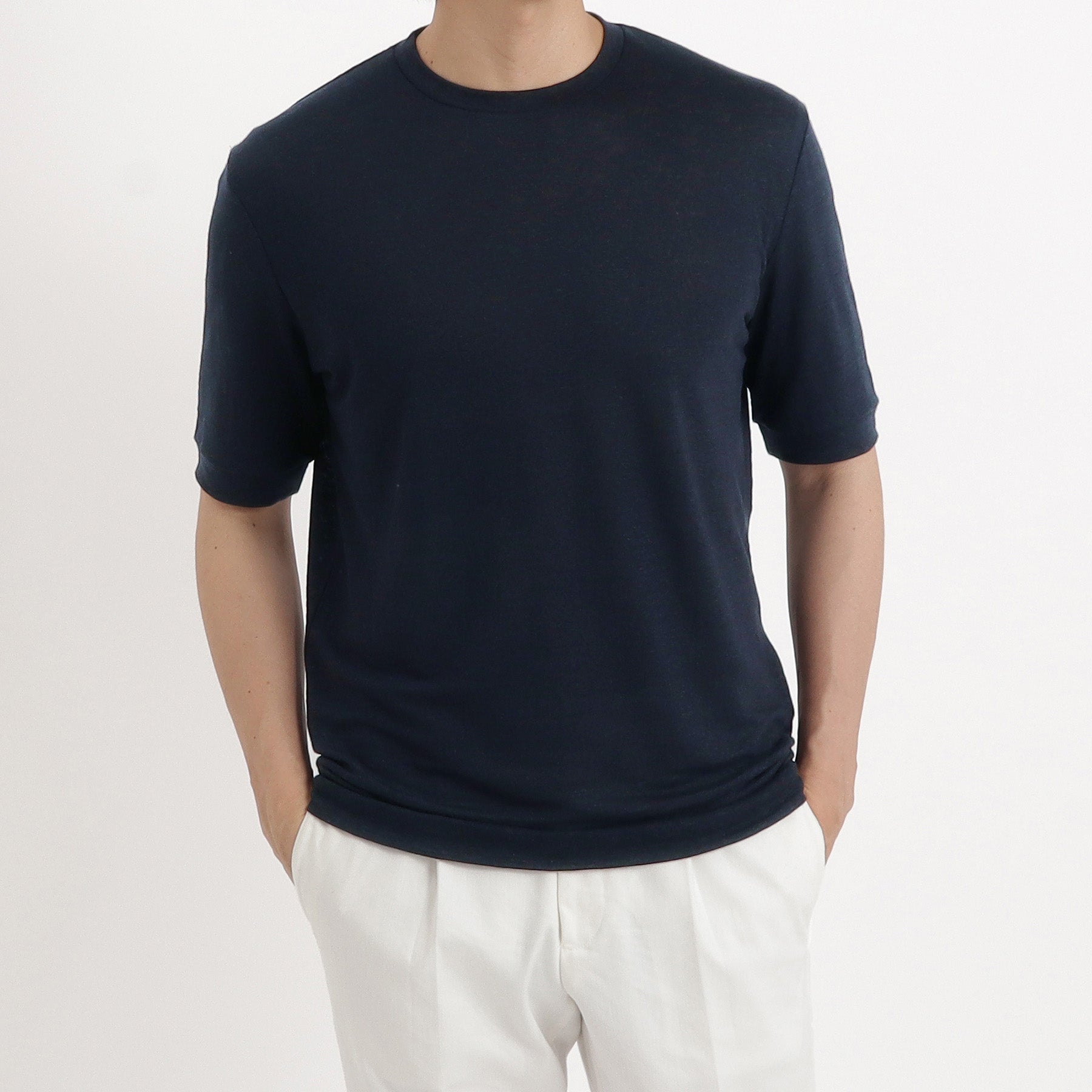 Linen Jersey Tailored Ribbed Hem T-shirt Color: Navy