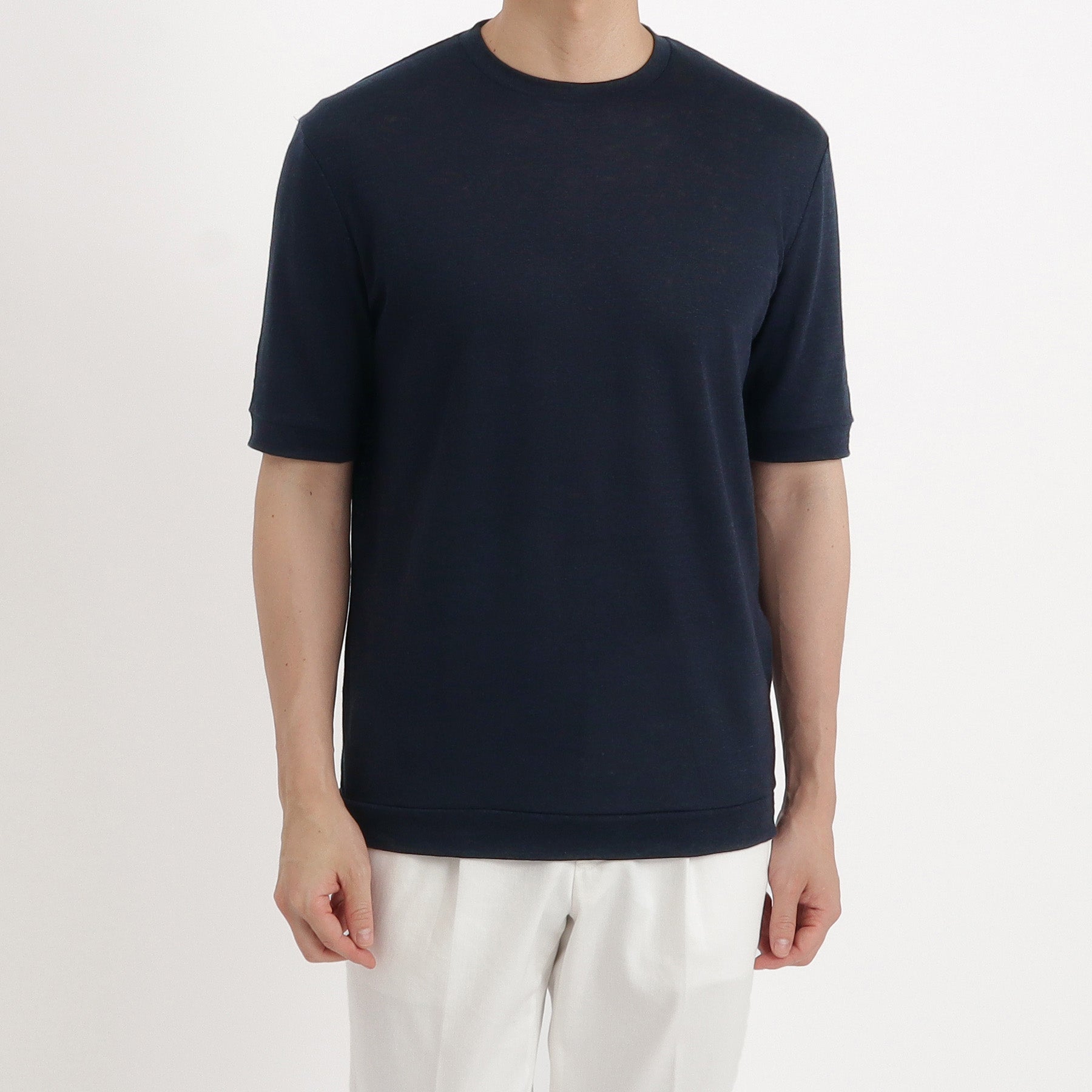Linen Jersey Tailored Ribbed Hem T-shirt Color: Navy