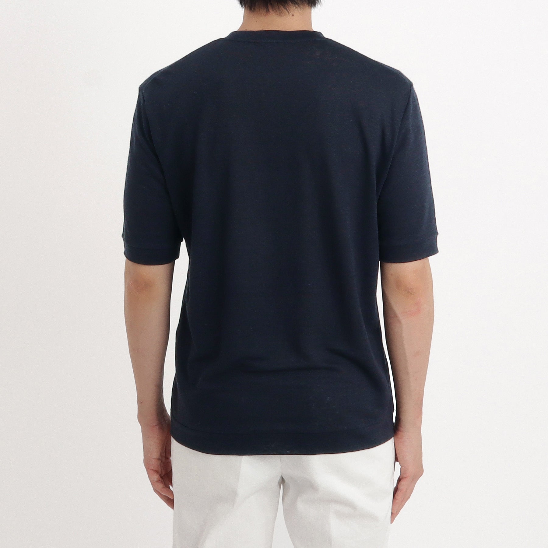 Linen Jersey Tailored Ribbed Hem T-shirt Color: Navy