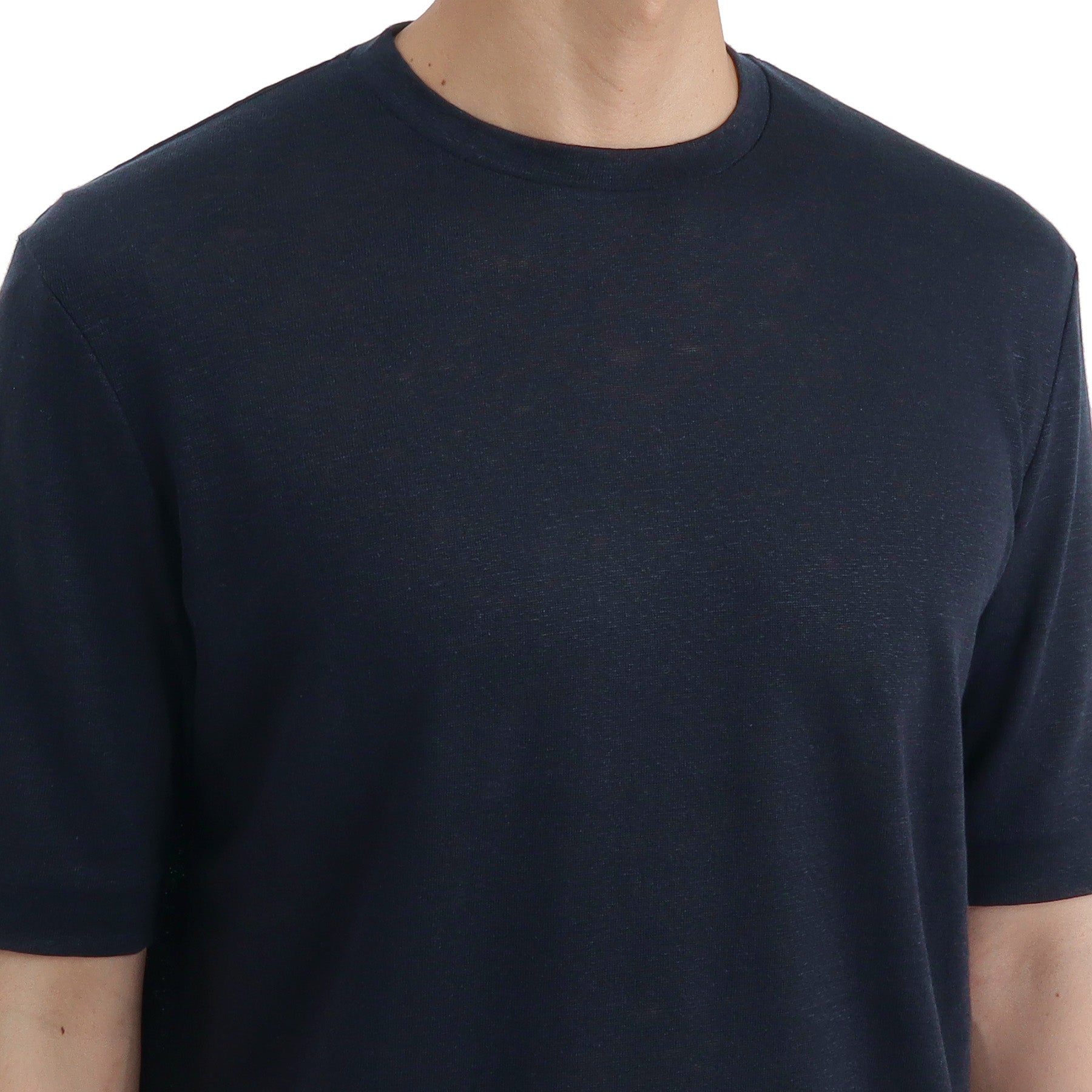 Linen Jersey Tailored Ribbed Hem T-shirt Color: Navy