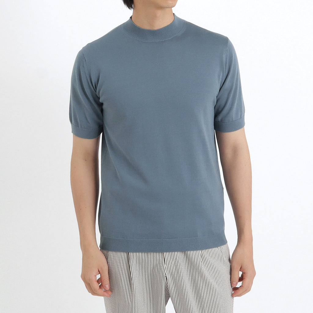 スビンプラチナム モックネックニットTシャツ スレートブルー