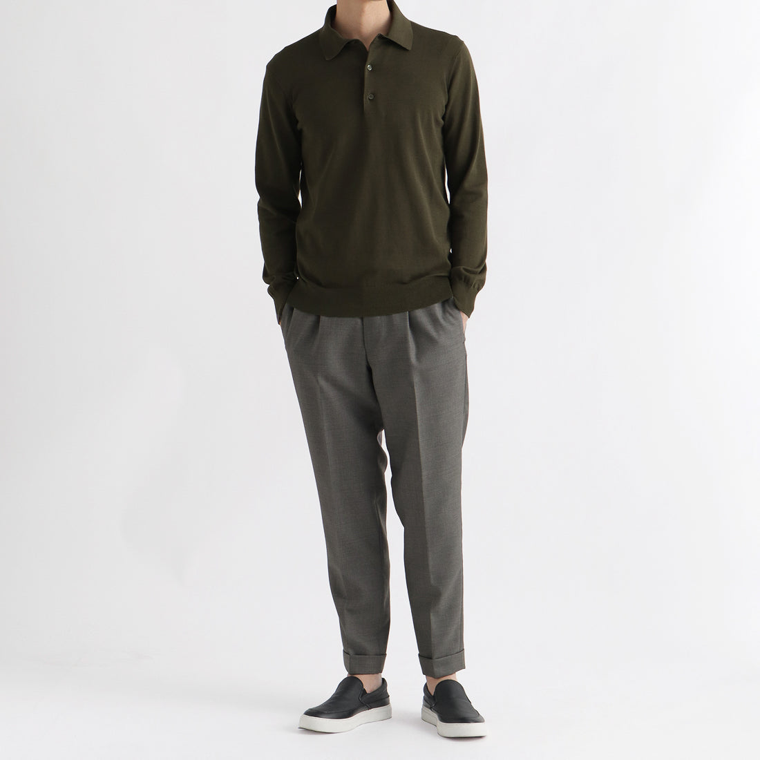 Long Sleeve Knit Polo-shirt Color: Olive
