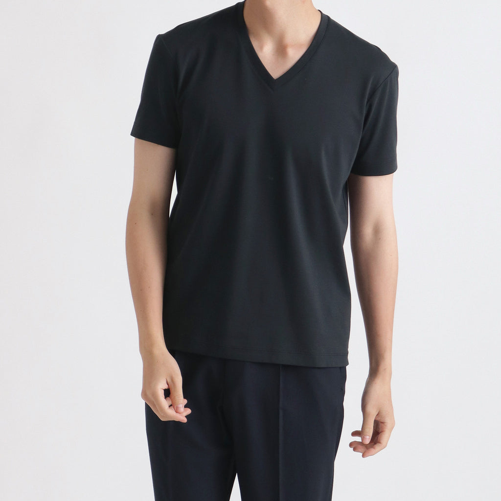 上質コットン100%のドレスTシャツ/Vネック半袖/ネイビー