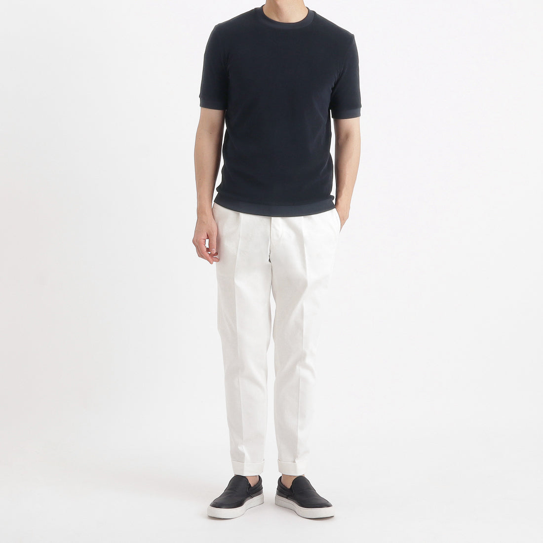 Micro Pile Tailored Ribbed Hem T-shirt Color: Navy