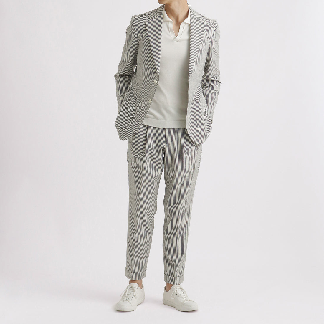 Seersucker Two Pleats Trousers Color: Navy Stripe