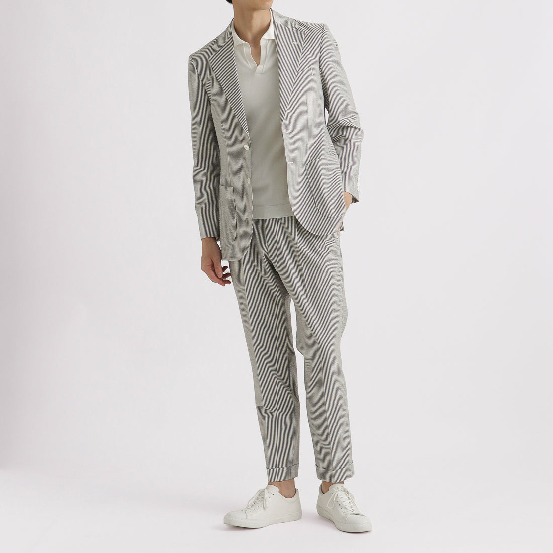 Seersucker Two Pleats Trousers Color: Navy Stripe