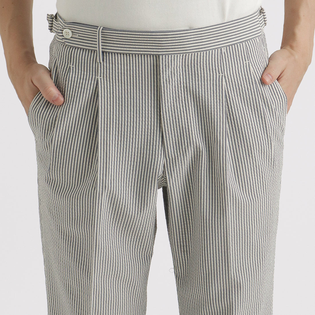 Seersucker Two Pleats Trousers Color: Navy Stripe