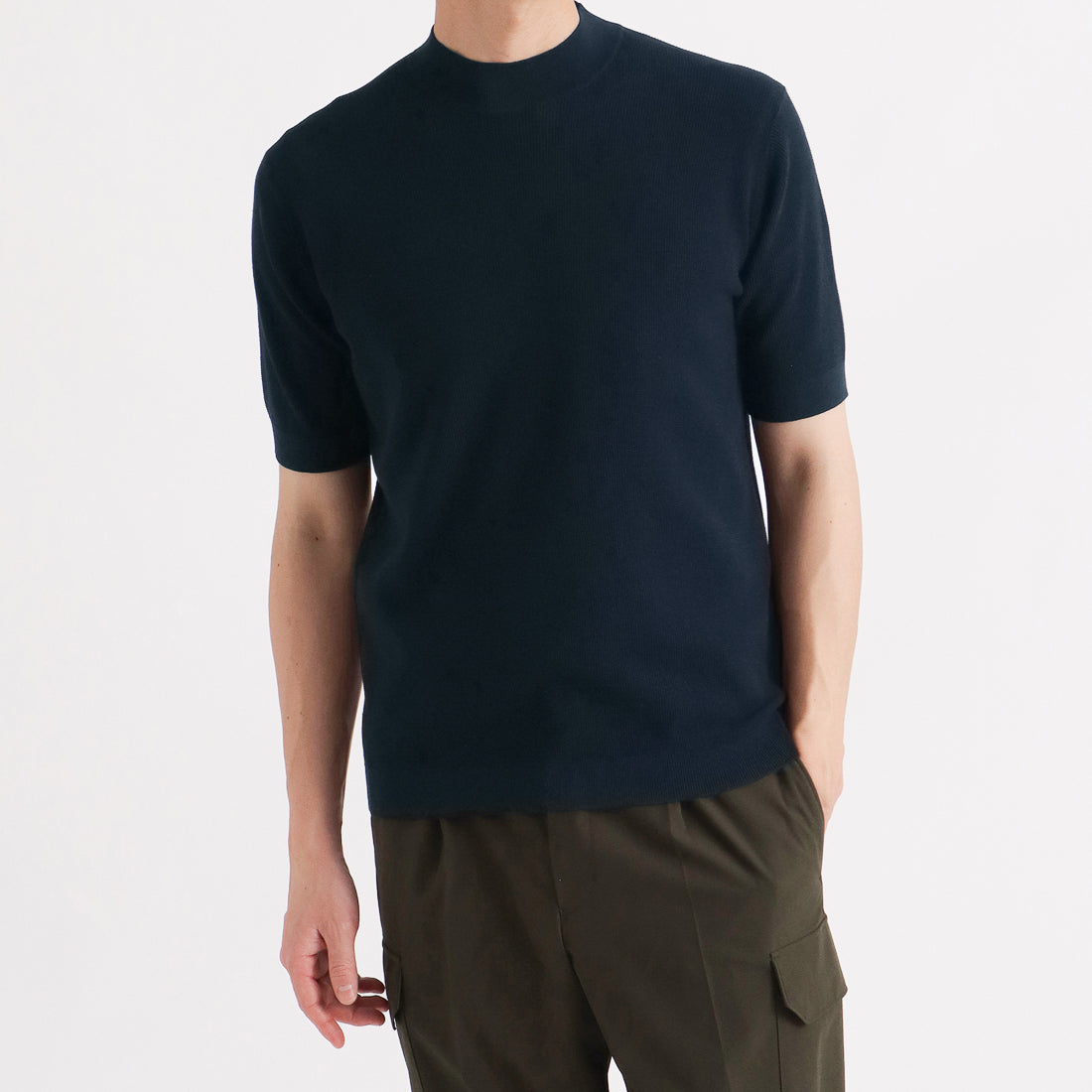 Mini Thermal Mock Neck Knit T-shirt Color: Navy