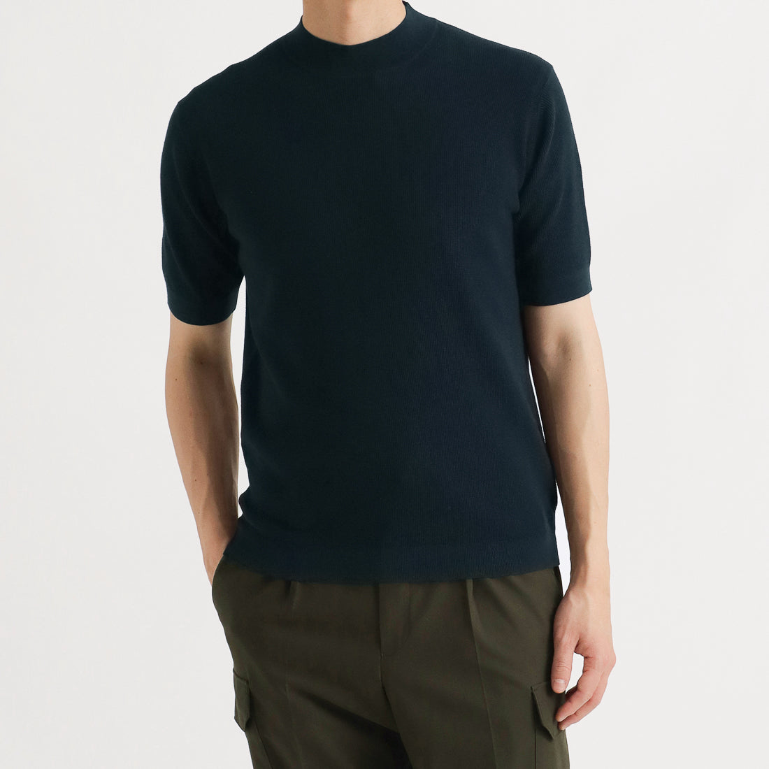 Mini Thermal Mock Neck Knit T-shirt Color: Navy