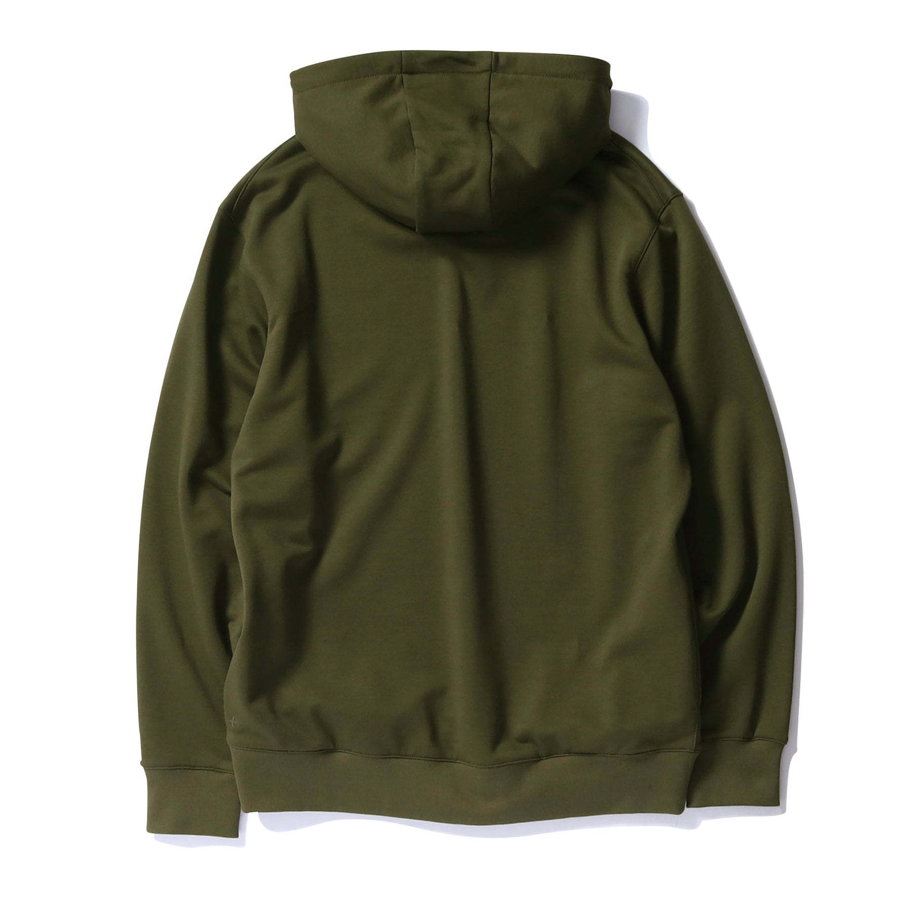 スビンプラチナム裏毛フーディーオリーブの背面を写した商品画像