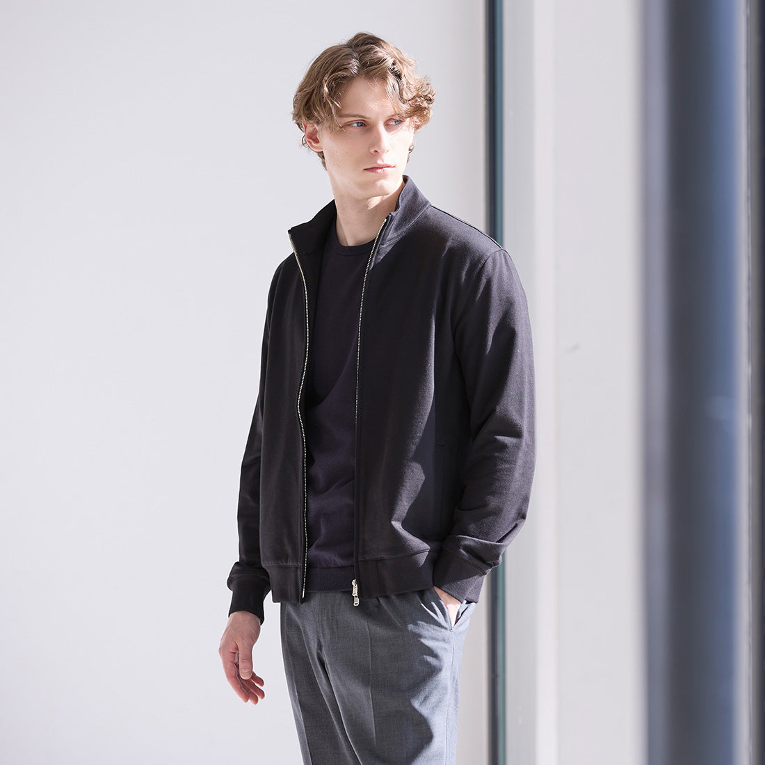 Smooth Terry Stand Collar Zip Up  Color: Black