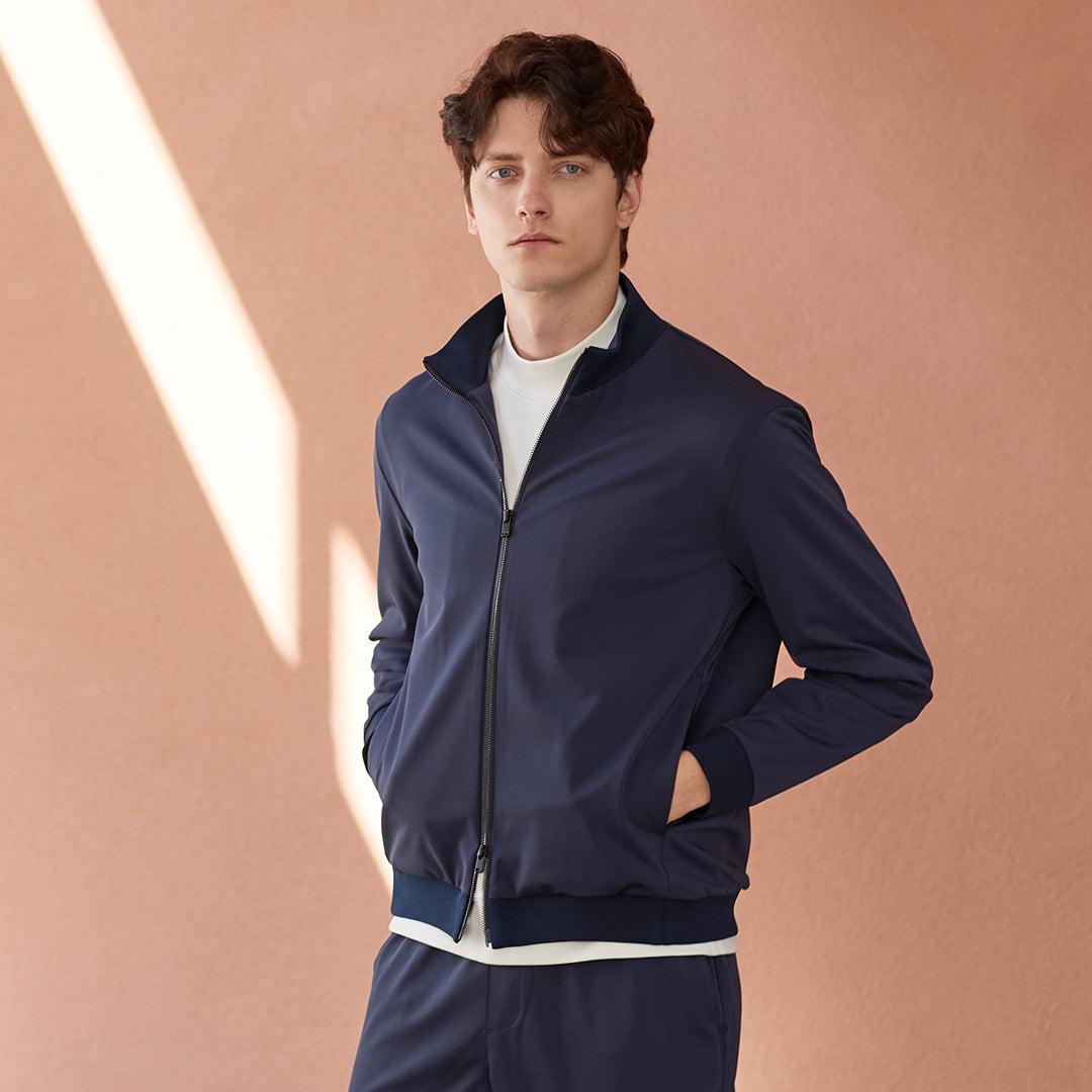 Matte Twist Stand Collar Zip Up  Color: Navy