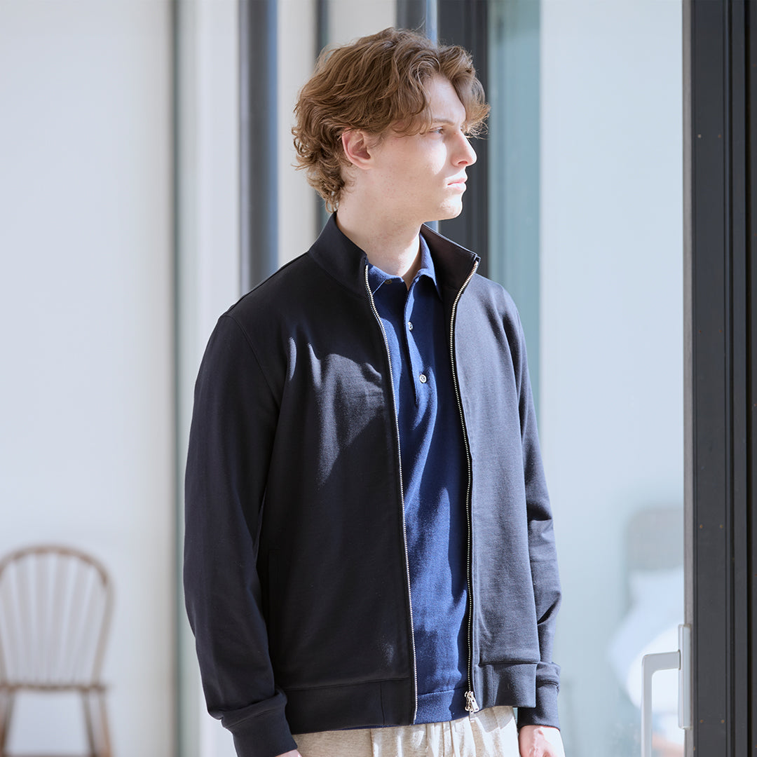 Smooth Terry Stand Collar Zip Up  Color: Navy