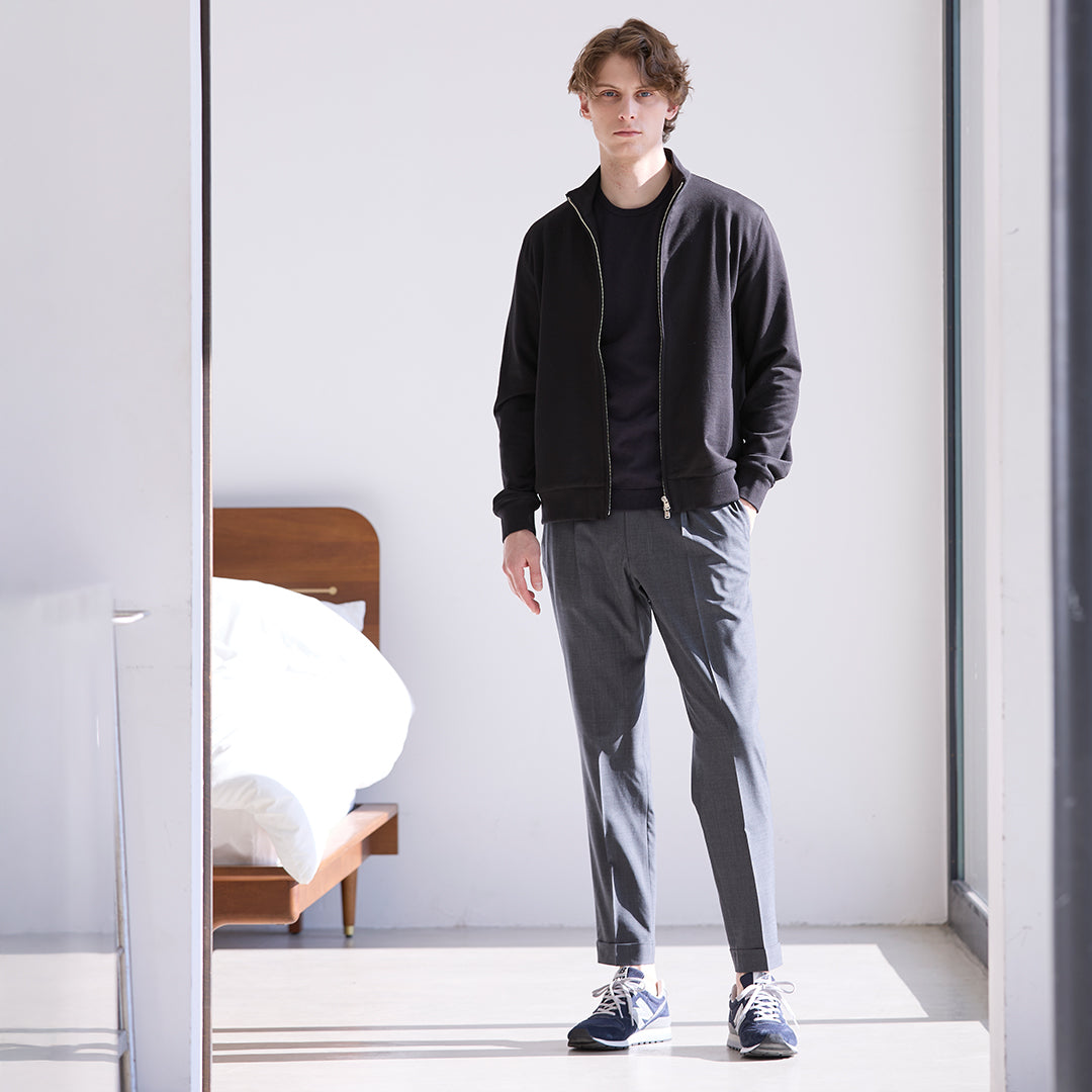 Smooth Terry Stand Collar Zip Up  Color: Black