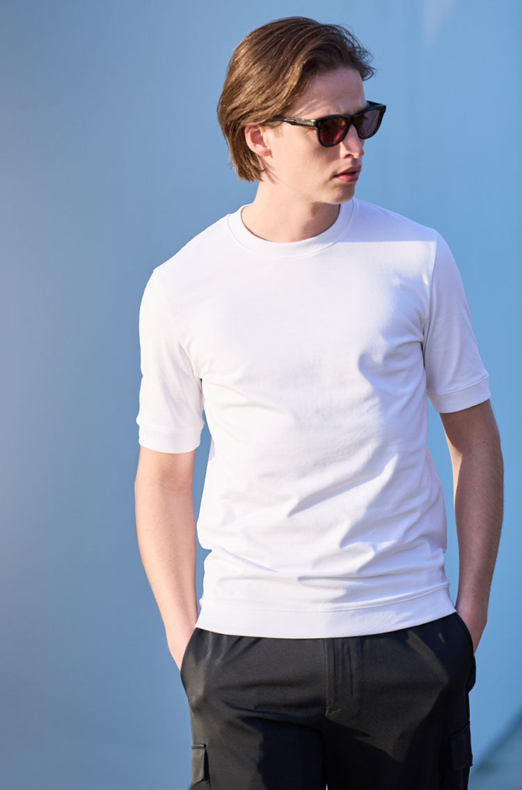 195 Hybrid Cotton Tailored Ribbed Hem T-shirt | ＋CLOTHET ONLINE