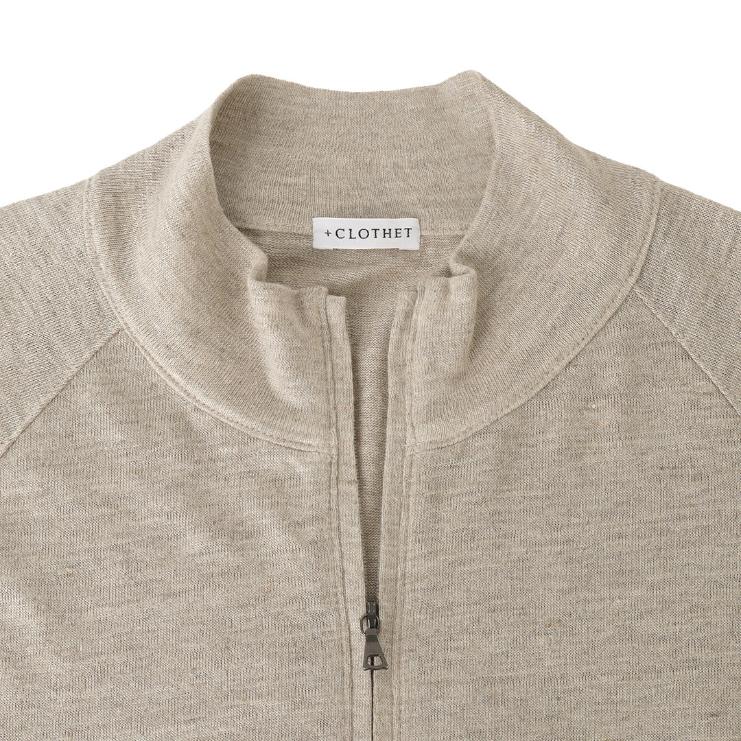 Linen Jersey Stand Collar Zip Up  Color: Natural