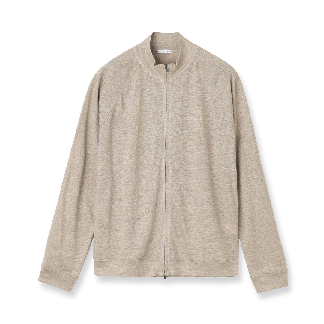 Linen Jersey Stand Collar Zip Up  Color: Natural