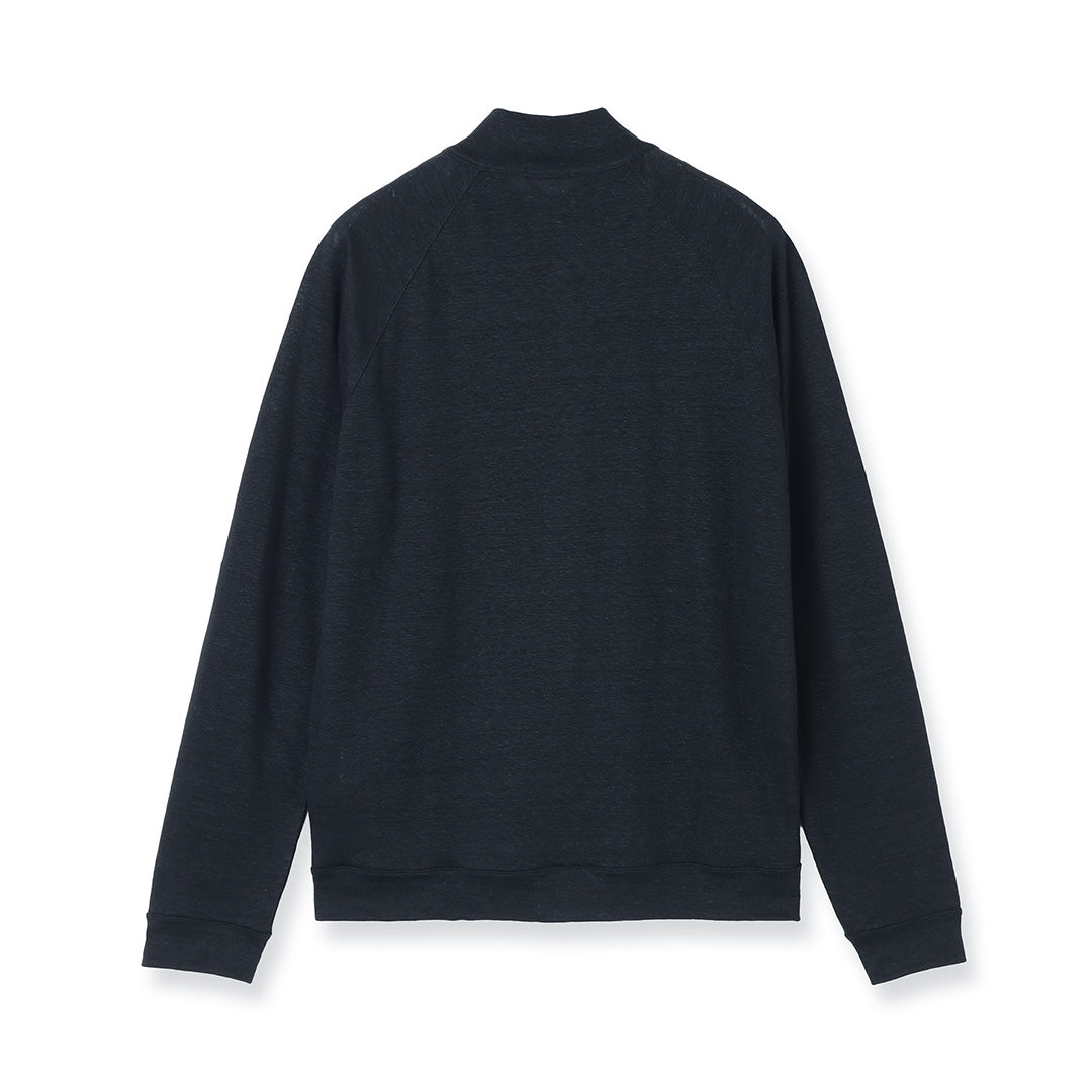 Linen Jersey Stand Collar Zip Up  Color: Navy