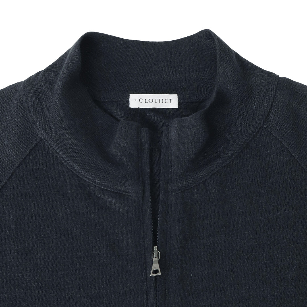 Linen Jersey Stand Collar Zip Up  Color: Navy