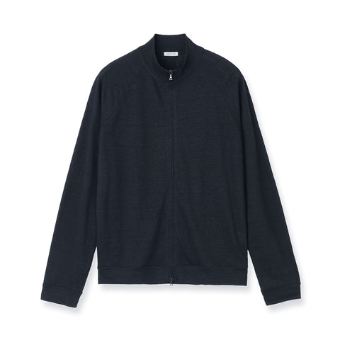 Linen Jersey Stand Collar Zip Up  Color: Navy