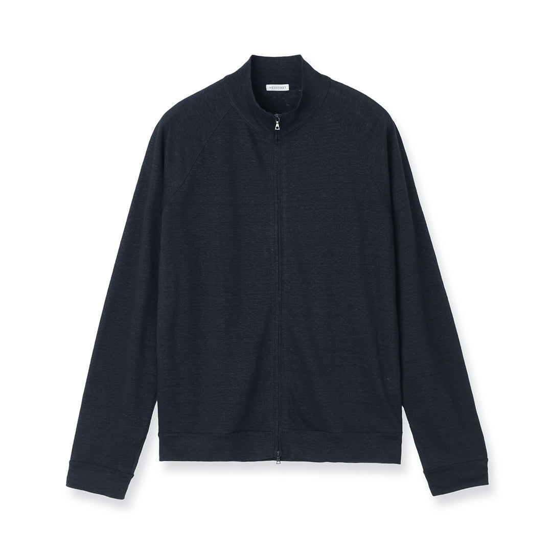Linen Jersey Stand Collar Zip Up  Color: Navy