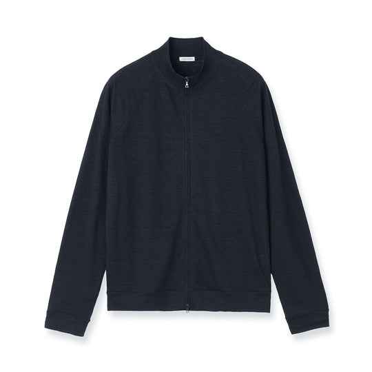 Linen Jersey Stand Collar Zip Up  Color: Navy