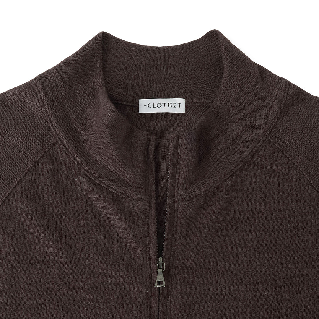 Linen Jersey Stand Collar Zip Up  Color: Oak