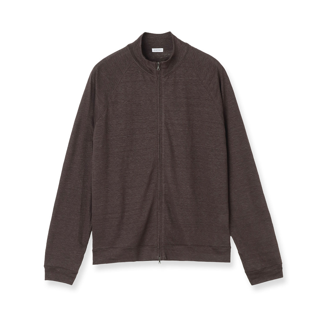 Linen Jersey Stand Collar Zip Up  Color: Oak