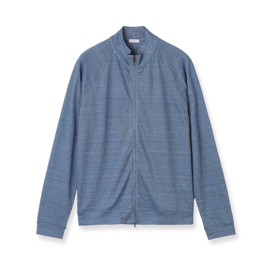 Linen Jersey Stand Collar Zip Up  Color: Slate Blue