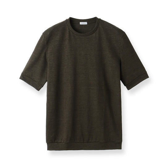 Linen Jersey Tailored Ribbed Hem T-shirt Color: Olive