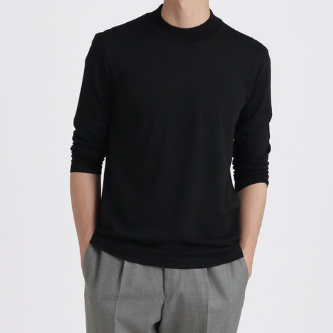 Wool Tailored Mock Neck Long Sleeve T-shirt Color: Black