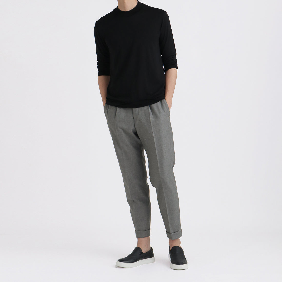 Wool Tailored Mock Neck Long Sleeve T-shirt Color: Black