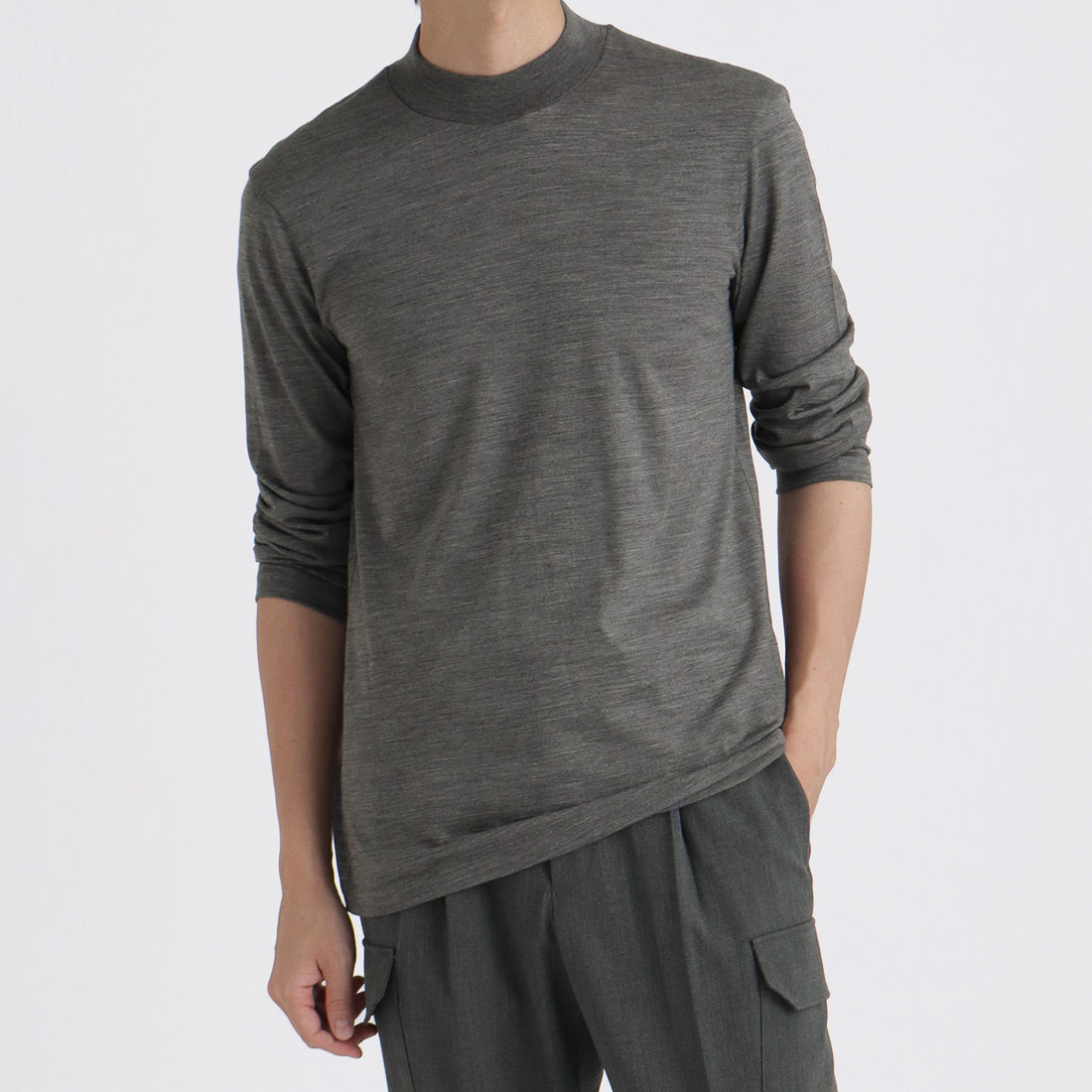 Wool Tailored Mock Neck Long Sleeve T-shirt Color: Gray