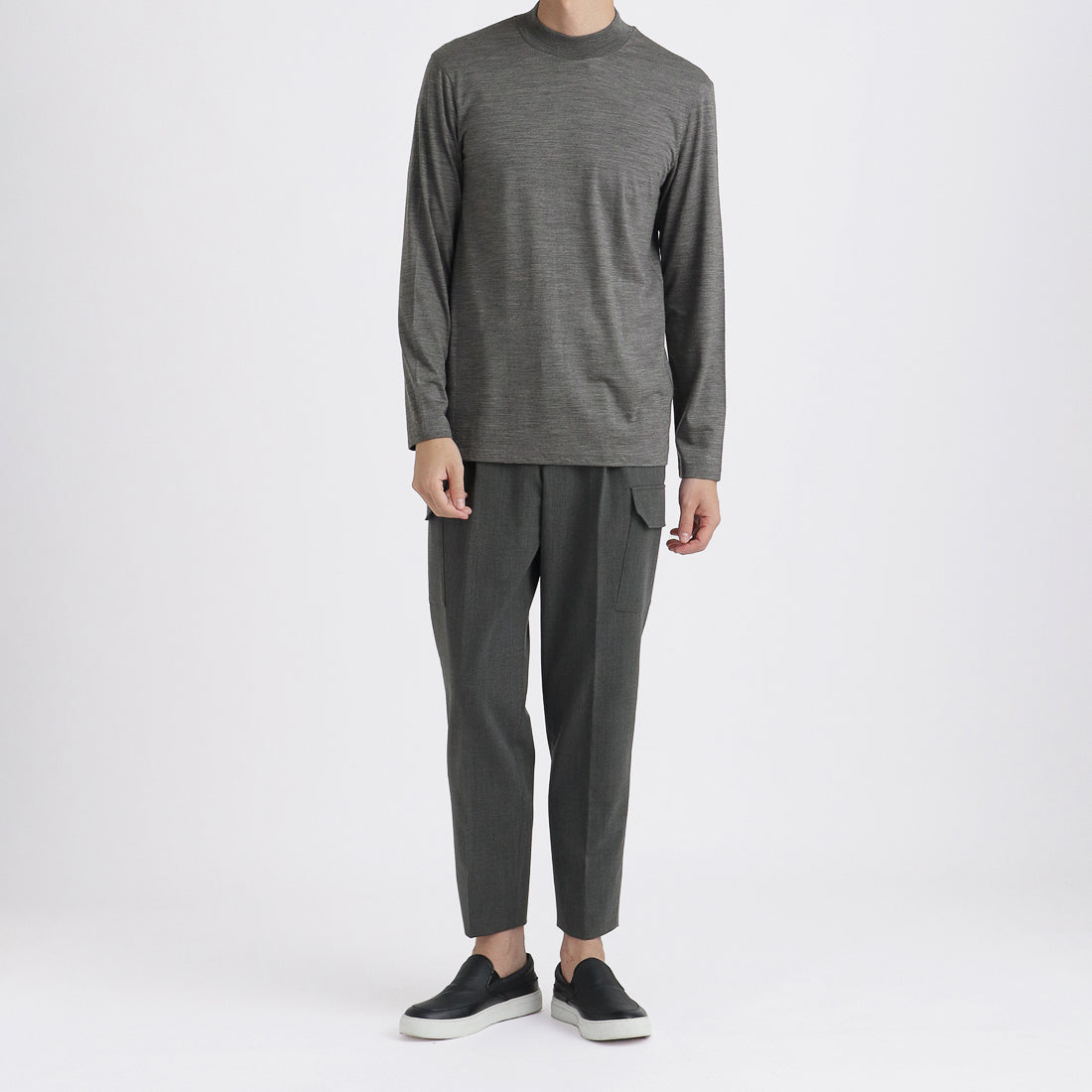 Wool Tailored Mock Neck Long Sleeve T-shirt Color: Gray
