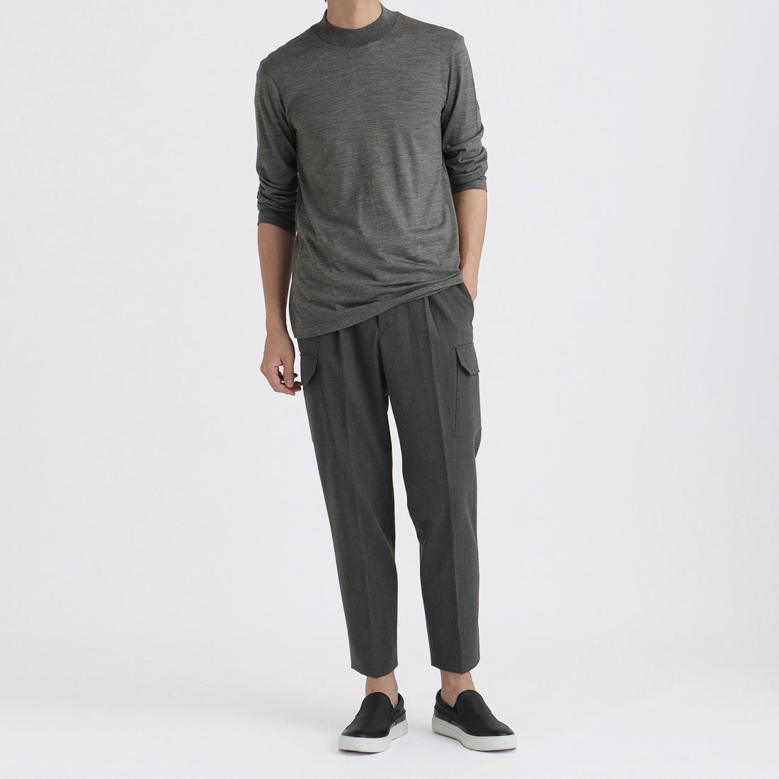 Wool Tailored Mock Neck Long Sleeve T-shirt Color: Gray