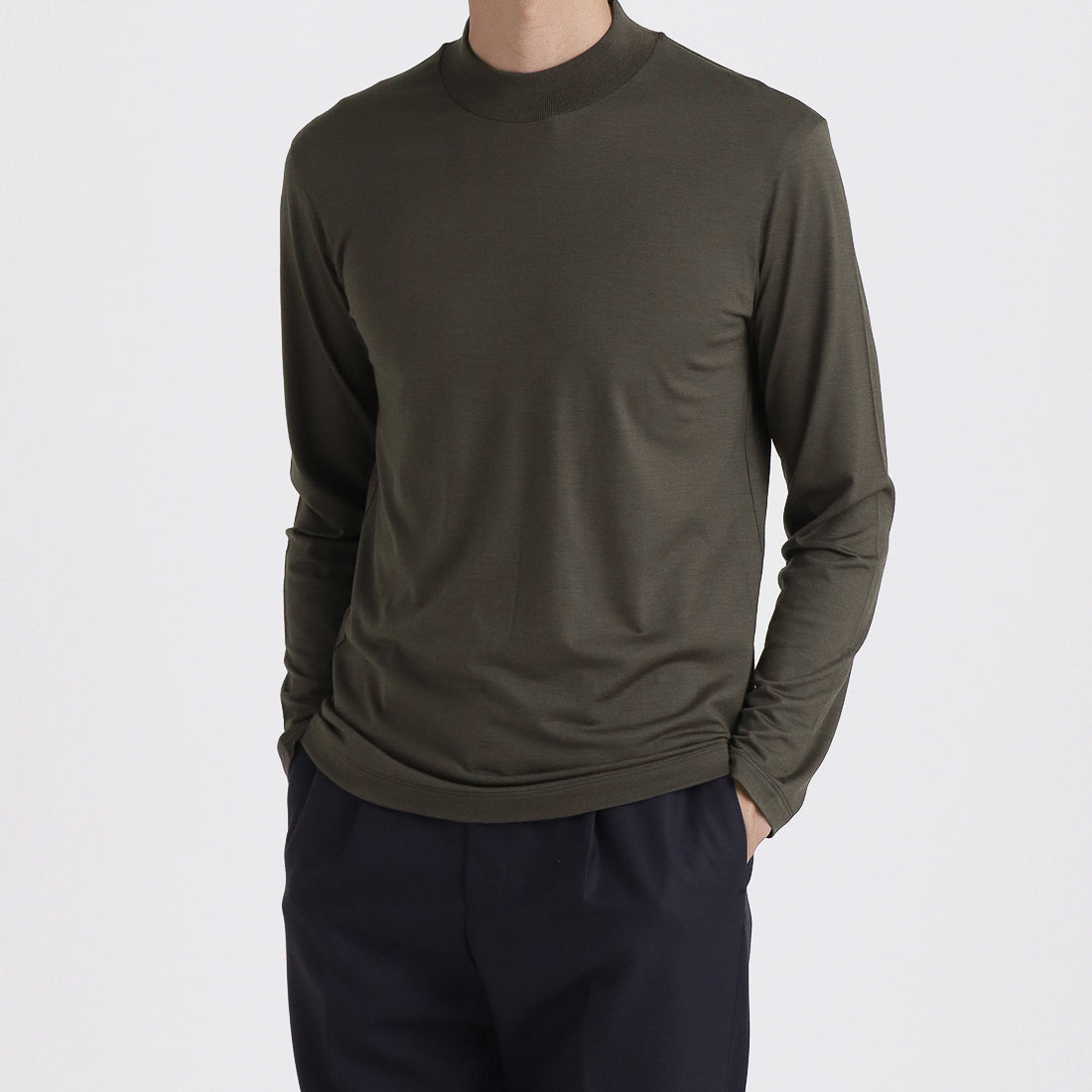 Wool Tailored Mock Neck Long Sleeve T-shirt Color: Khaki