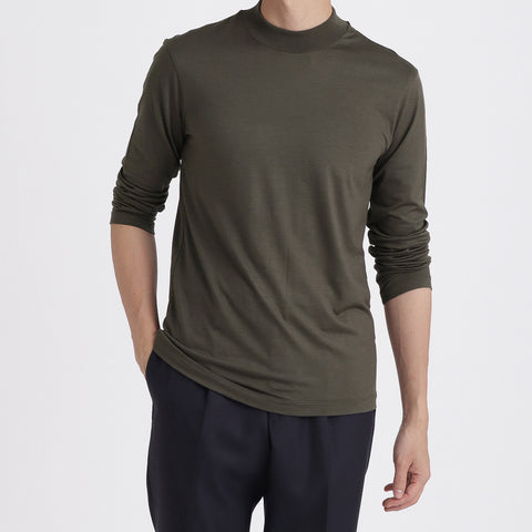 Wool Tailored Mock Neck Long Sleeve T-shirt Color: Khaki