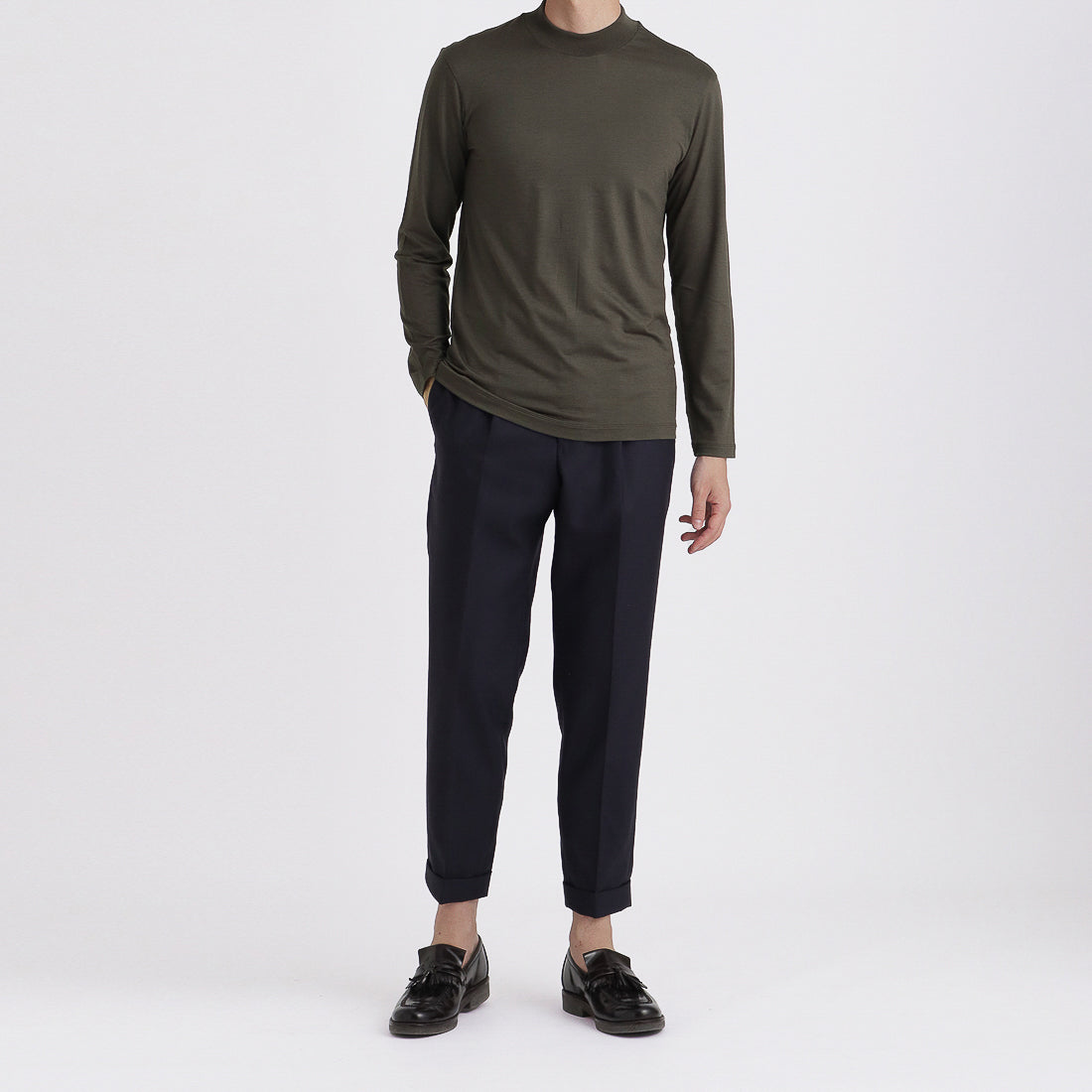 Wool Tailored Mock Neck Long Sleeve T-shirt Color: Khaki