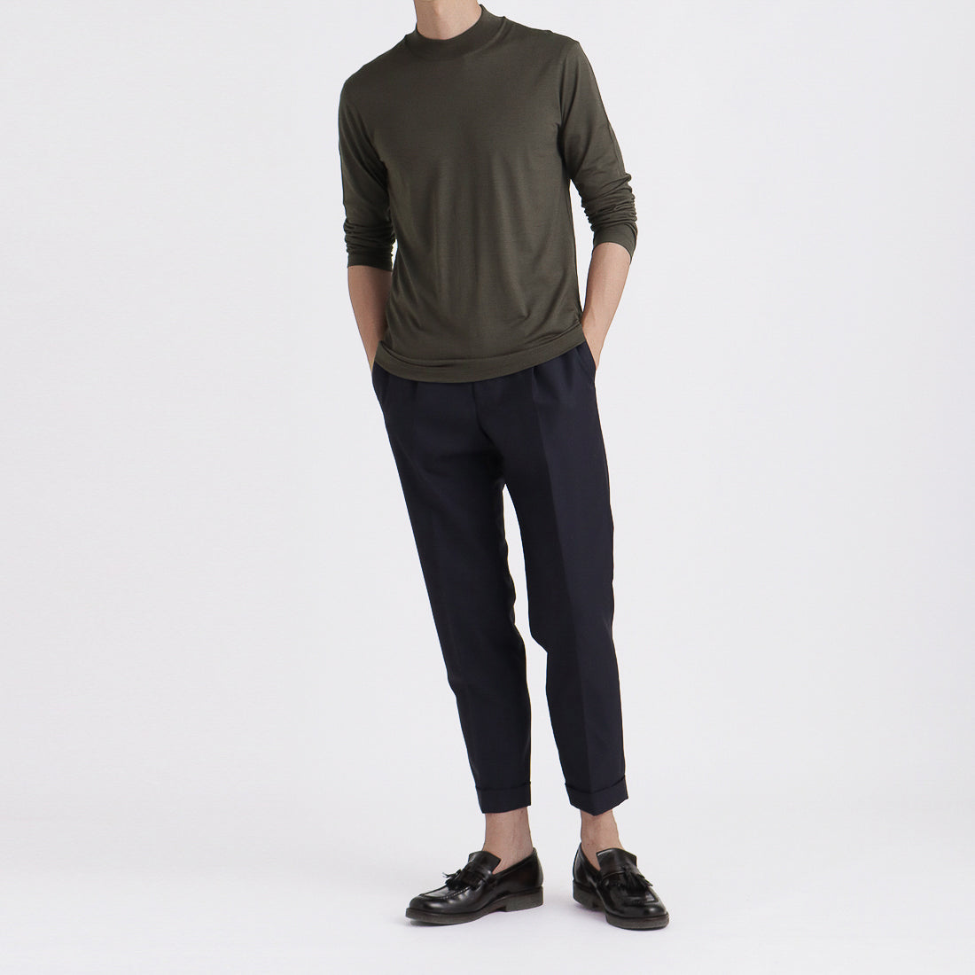 Wool Tailored Mock Neck Long Sleeve T-shirt Color: Khaki