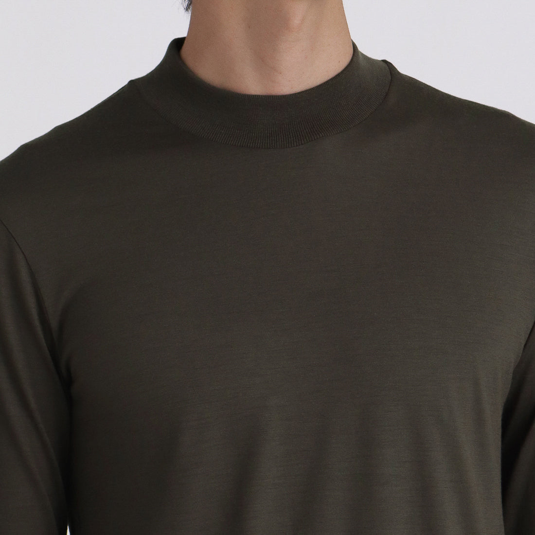 Wool Tailored Mock Neck Long Sleeve T-shirt Color: Khaki