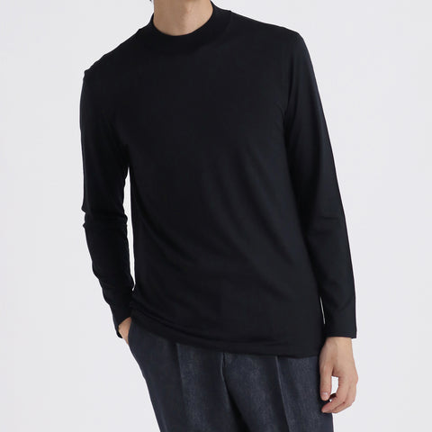 Wool Tailored Mock Neck Long Sleeve T-shirt Color: Navy