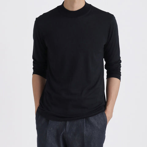 Wool Tailored Mock Neck Long Sleeve T-shirt Color: Navy