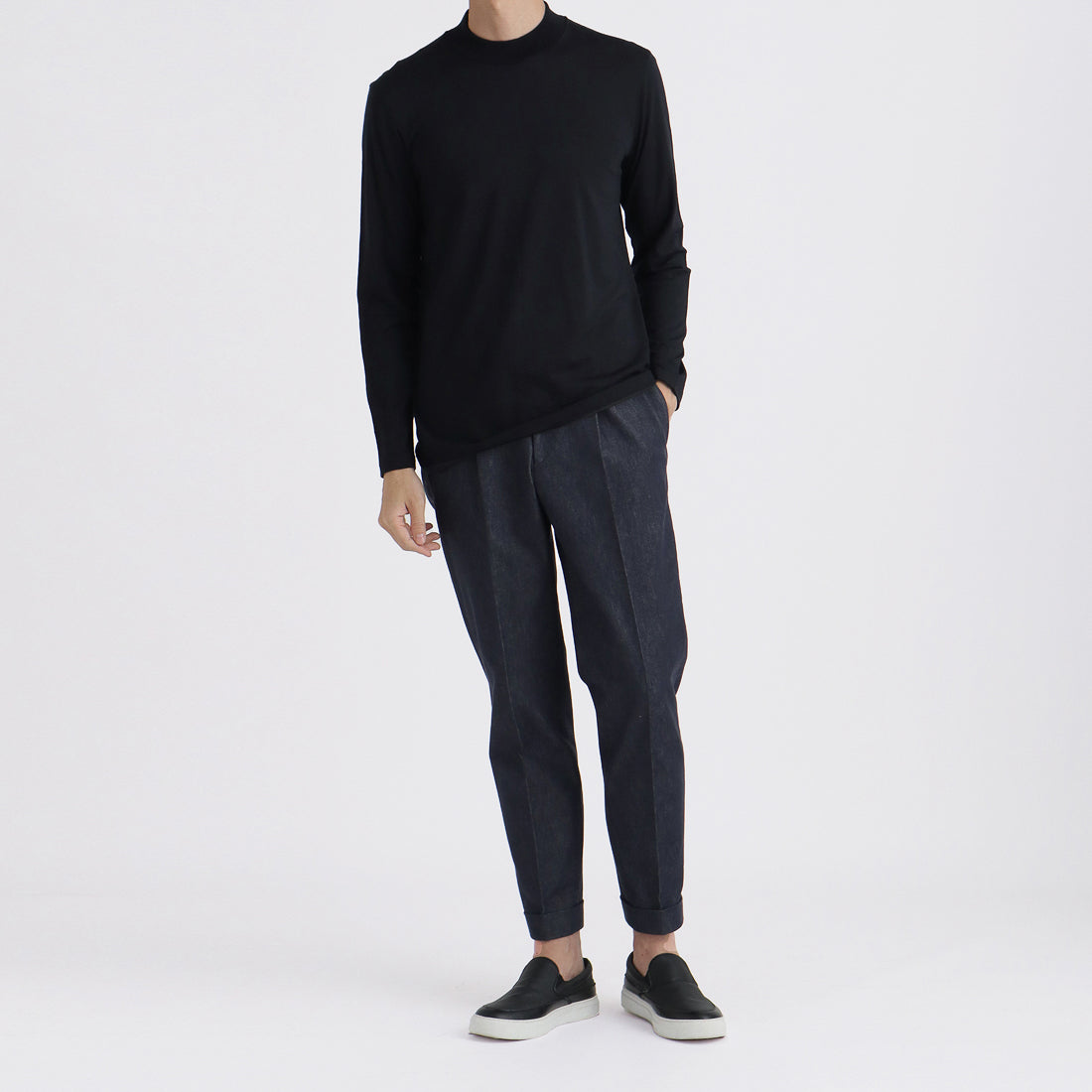 Wool Tailored Mock Neck Long Sleeve T-shirt Color: Navy