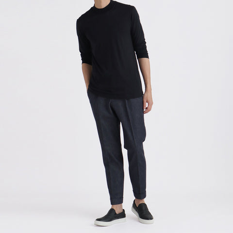 Wool Tailored Mock Neck Long Sleeve T-shirt Color: Navy