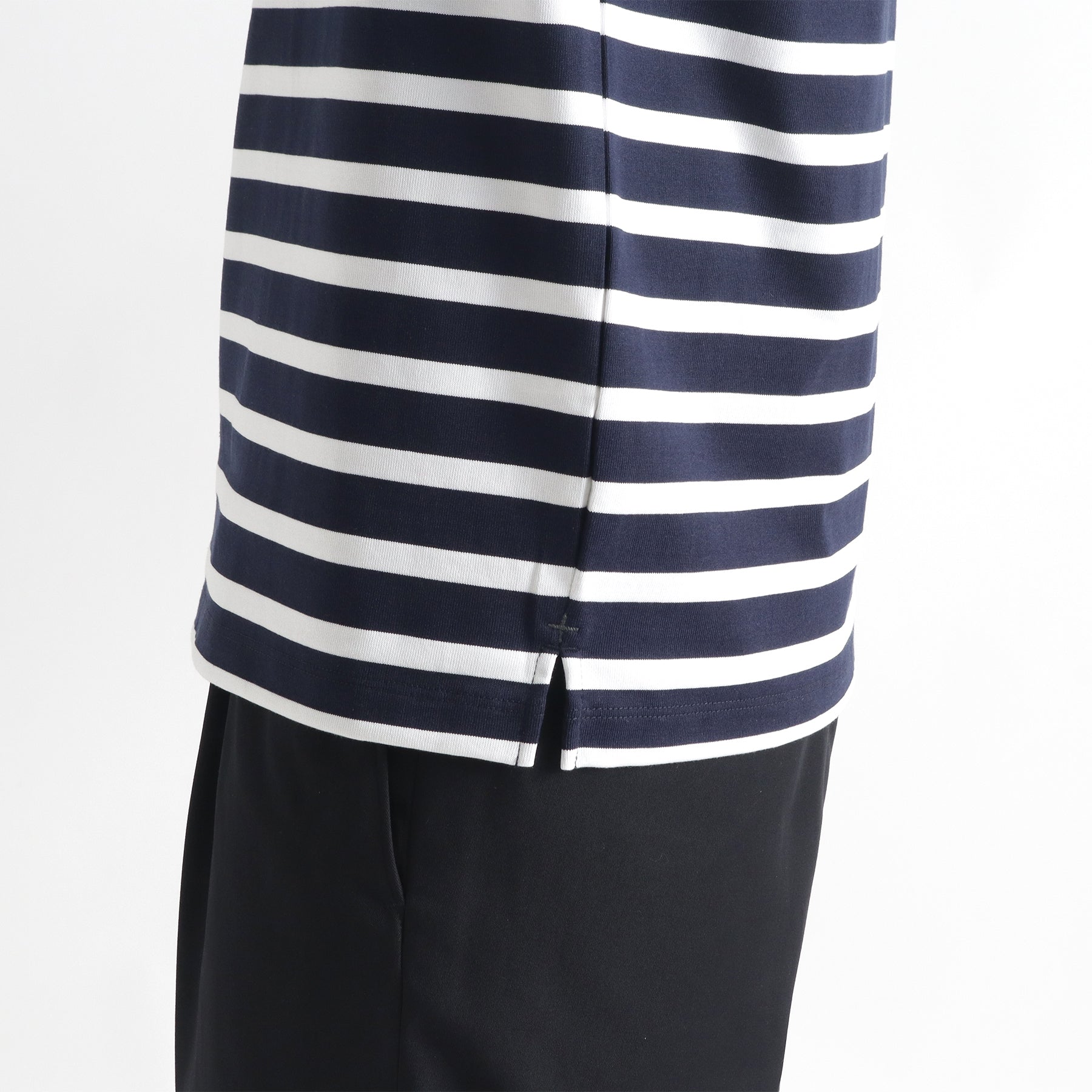 ハイブリッドコットン バスクシャツ ネイビー×ホワイト