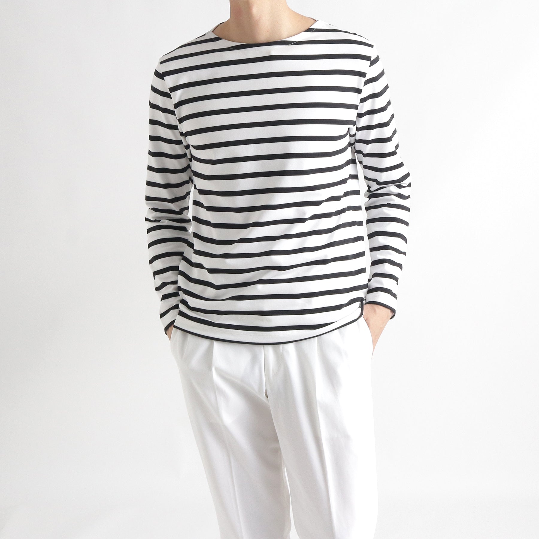 ハイブリッドコットン バスクシャツ ホワイト×ブラック | ＋CLOTHET ONLINE