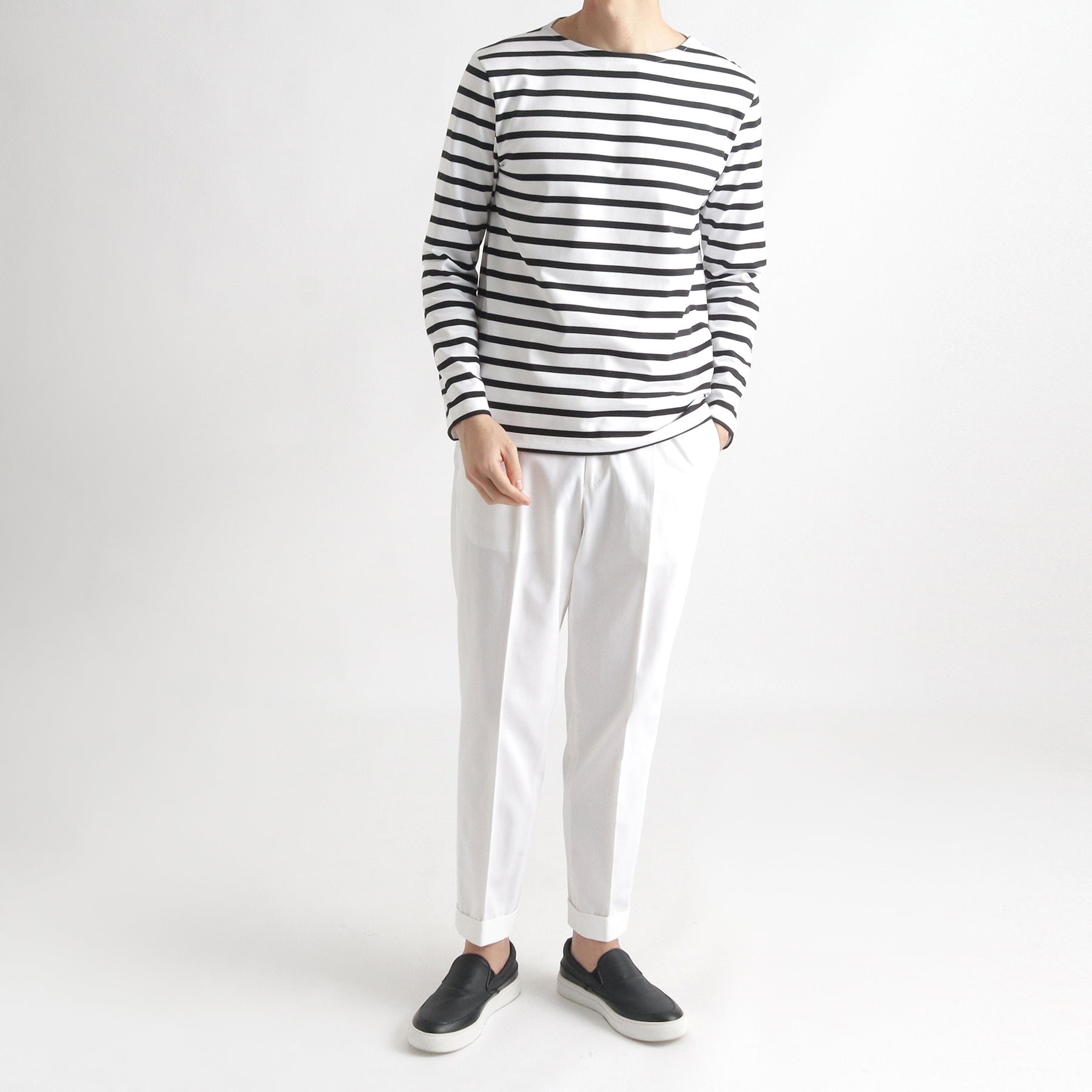 ハイブリッドコットン バスクシャツ ホワイト×ブラック | ＋CLOTHET ONLINE