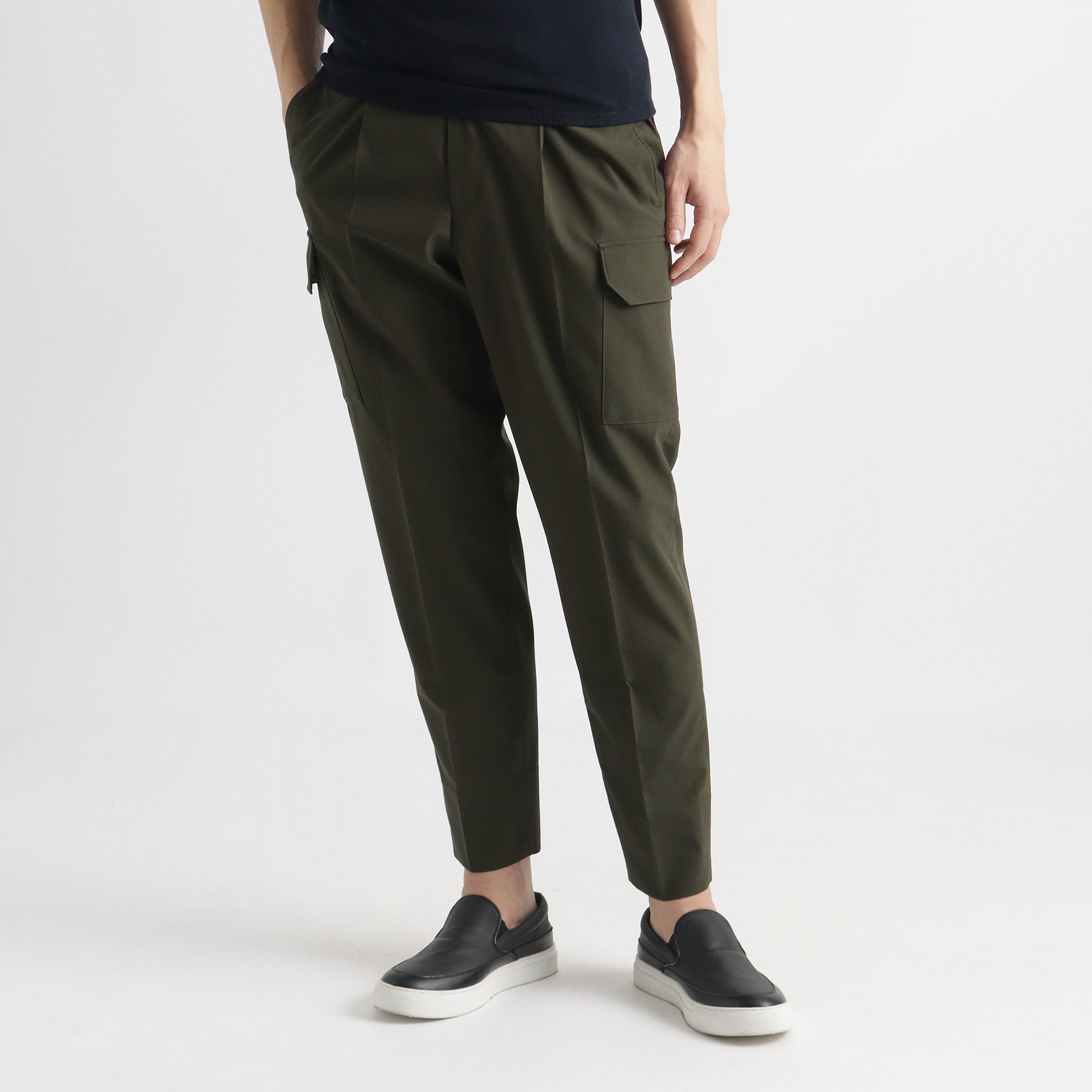 High Twist Cotton Panama Cargo Trousers Color: Olive