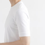 ハイブリッドコットンリブドヘムテーラードTシャツホワイトの袖を写したメンズ着用画像